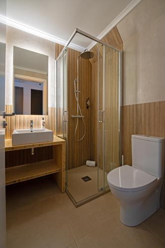 a bathroom with a shower and a toilet and a sink at Boomerang d'O Século in Ericeira