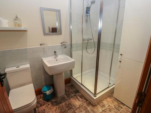 a bathroom with a shower and a sink and a toilet at Green Route Apartment in Todmorden
