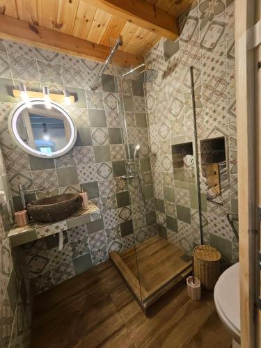 a bathroom with a shower with a sink and a mirror at La Maisonette de Symi in Symi