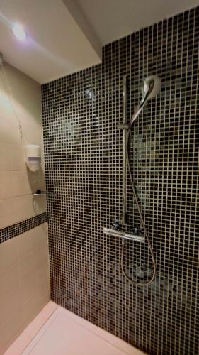 a shower in a bathroom with a tiled wall at Mihailo Konaci hotel Andjela in Kopaonik