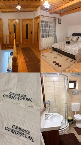 a collage of photos of a bathroom and a bedroom at Cabana CORNESTEAN in Sighetu Marmaţiei