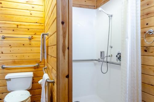 a bathroom with a shower and a toilet at Yosemite Lakes Yurts in Harden Flat