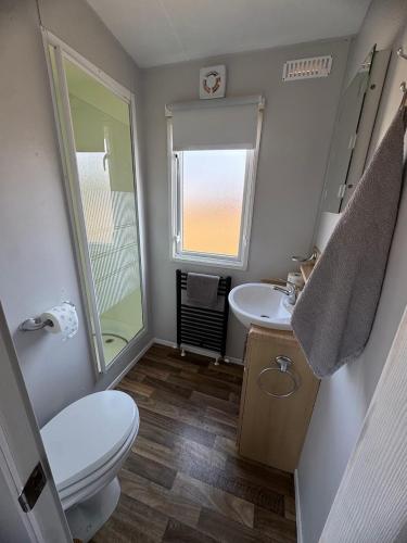 a small bathroom with a toilet and a sink at FarmaKolonia2 in Zabiele