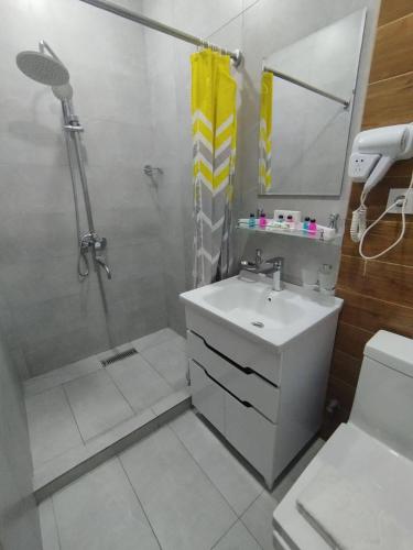 a bathroom with a shower and a sink and a mirror at Bodomzor Family Hotel in Salor Bekati