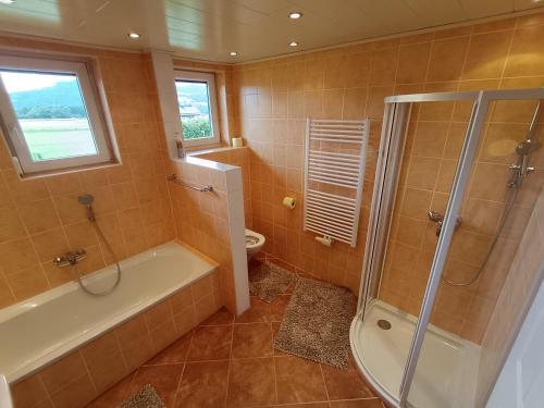 a bathroom with a tub and a shower and a toilet at Große Ferienwohnung im Rosental ideal für 4 bis 6 Personen mit Balkon und Garten in Maria Elend