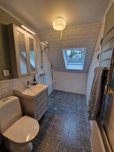 a bathroom with a sink and a toilet and a window at Huset Solhem in Resta