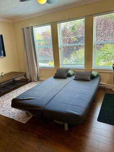 a large blue bed in a room with windows at Sunny 1BR by Galloping Goose in Victoria