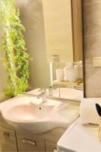 a bathroom with a sink and a mirror at Savana Lodge, Wi-Fi, Parking Privé et Calme, Sortie 12 ChanaS in Chanas