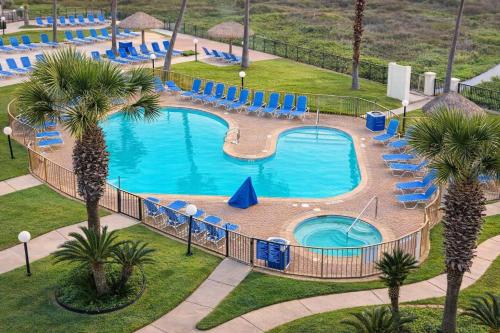 an overhead view of a swimming pool with blue chairs and palm trees at Saida Towers IV #108 condo in South Padre Island
