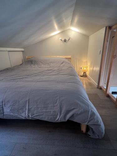 a bedroom with a bed with a gray comforter at Maisonnette Montferrandaise proche Tram - 6 couchages - tram - wifi in Clermont-Ferrand