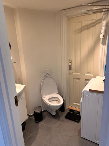 a small bathroom with a toilet and a sink at Aarhus lejlighed med udsigt in Aarhus