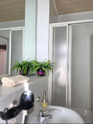 a bathroom with a sink and a mirror at Ferien Wohnung in Chemnitz