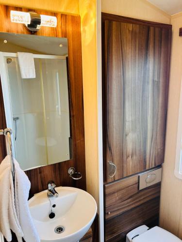 a bathroom with a sink and a mirror and a toilet at Edinburgh Lux Lodge Seton Sands in Port Seton