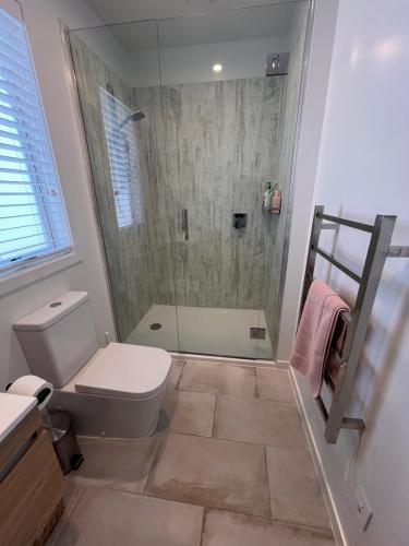 a bathroom with a toilet and a glass shower at Sea Escape in Whitianga