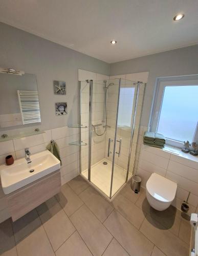 a bathroom with a shower and a sink and a toilet at Ferienhaus Wasserkunst in Wernigerode