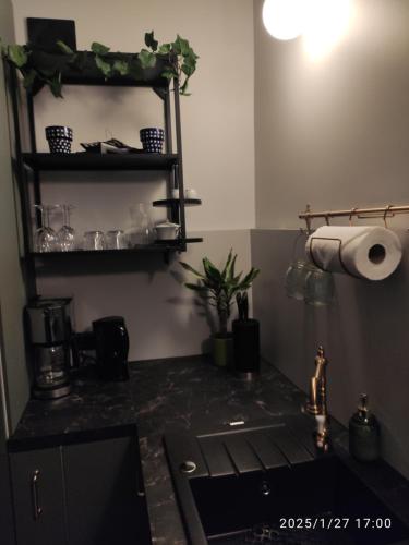 a kitchen with a black counter top and a sink at Kobal Apart in Bolesławiec