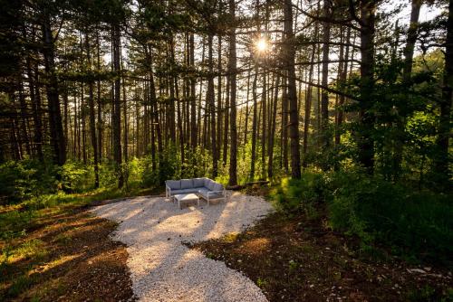 a couch sitting on a path in the middle of a forest at Continental Adventure Resort - Mountain Escape & Glamping in Livno
