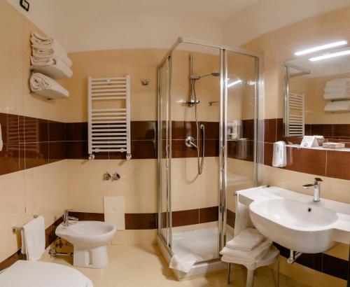 a bathroom with a shower and a sink and a toilet at Rama Palace Hotel in Casalnuovo di Napoli