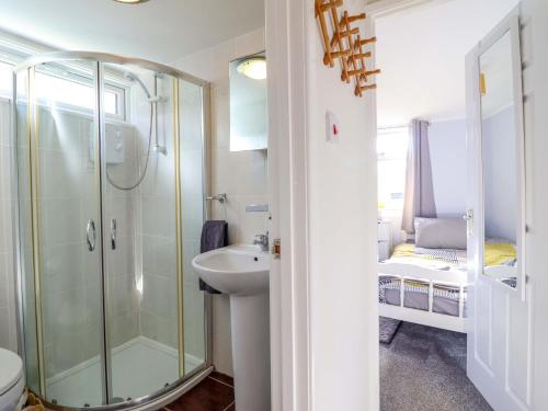 a bathroom with a shower and a toilet and a sink at Chalet 23 Erw Porthor in Tywyn