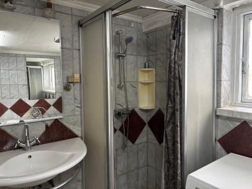 a bathroom with a shower and a sink and a shower at Cosy Family Basement Apartment in Copenhagen Søborg with Jacuzzi in Søborg