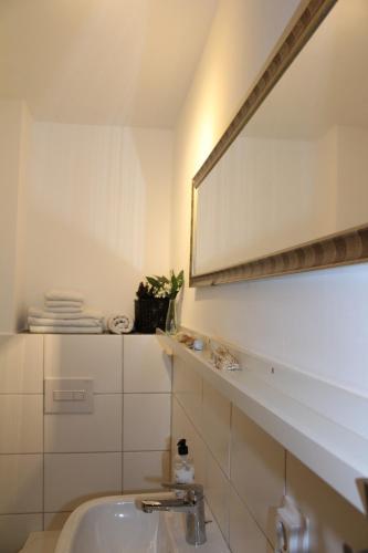 a bathroom with a sink and a mirror at EG Die alte Stadtmühle von Kloster Zinna in Jüterbog