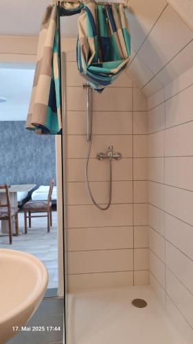 a bathroom with a shower and a sink at My Pension City Stadtbergen Augsburg in Stadtbergen