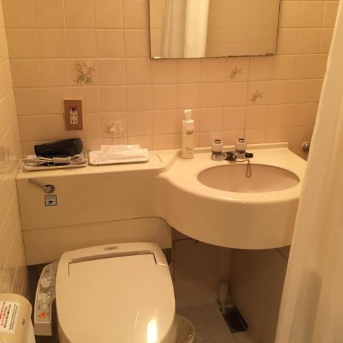 a small bathroom with a toilet and a sink at Hotel Crown Hills Kofu in Kofu