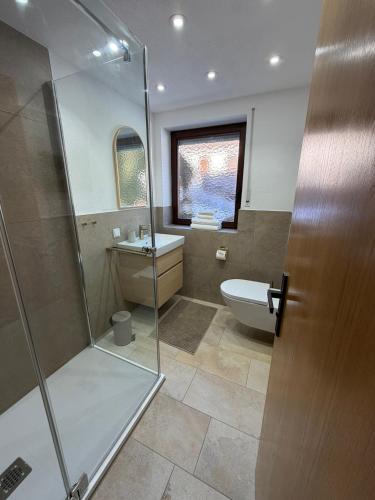 a bathroom with a shower and a toilet and a sink at Neu - Ferienwohnung Allgäuparadies - Traumhafte Aussichten mitten in der Natur des Westallgäus in Oberreute