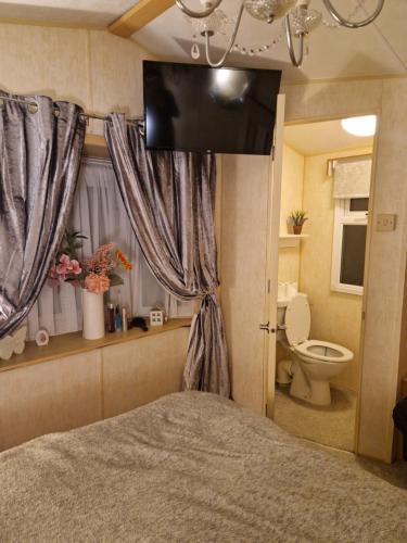 a bedroom with a bed and a bathroom with a toilet at BELLESVIEW Clarach Bay in Aberystwyth