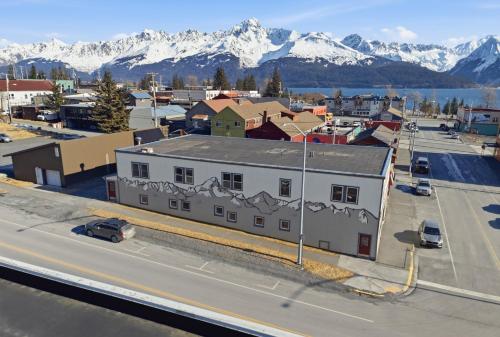a town with a mural on the side of a building at Hotel North in Seward