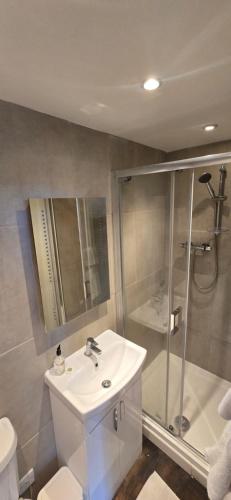 a bathroom with a sink and a shower and a toilet at Norfolk Guest House in Bristol