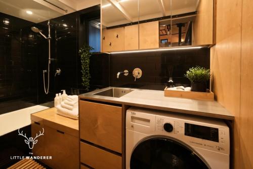 a kitchen with a washing machine and a sink at The Little Wanderer in Queenstown