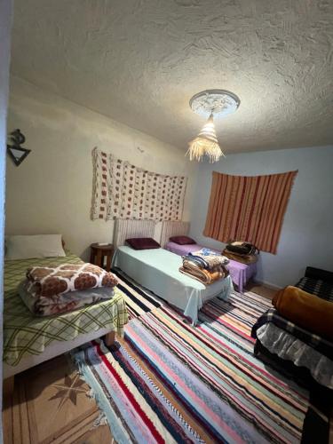 a bedroom with two beds and a rug at Gite taymate in Zaouia Ben Smine