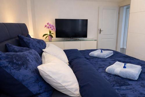 a blue couch with two pillows on it with a television at Im Herzen von Bad Mergentheim in Bad Mergentheim