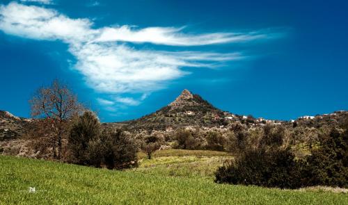 a mountain in the middle of a green field at Corali Hotel in Kymi