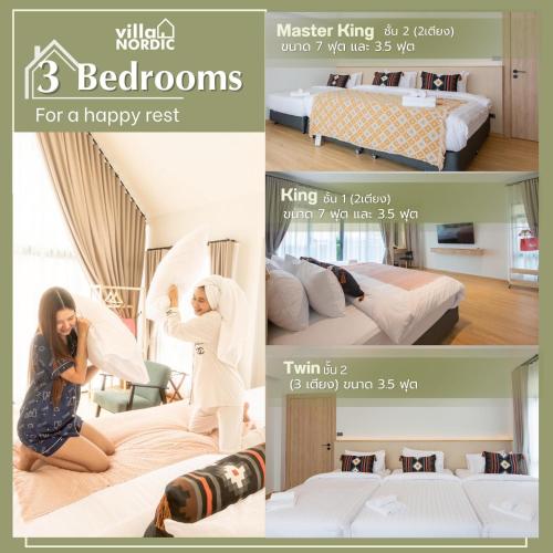 a collage of three pictures of a room with beds at Villa Nordic Private Pool Pakchong in Ban Thung Sawang