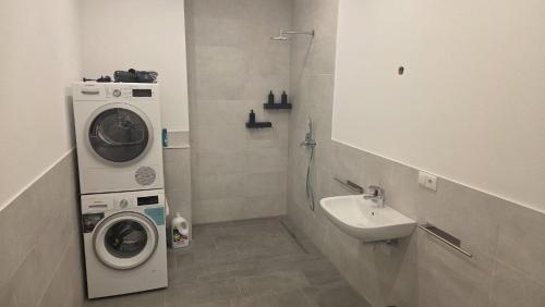 a bathroom with a washing machine and a sink at Spacious Apartment for 8 Guests in Tuttlingen