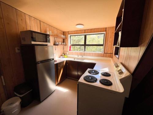 a small kitchen with a stove and a refrigerator at Danseys Pass Holiday Park in Oamaru