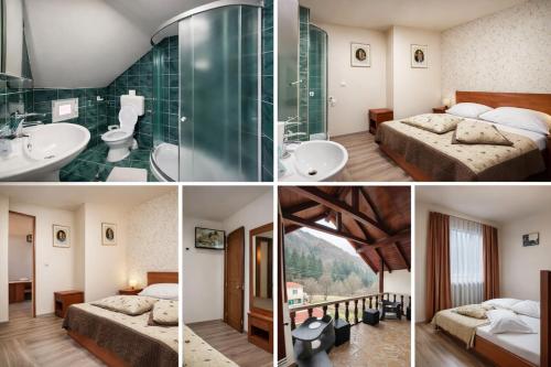 a collage of four pictures of a hotel room at Casa Krista in Bran