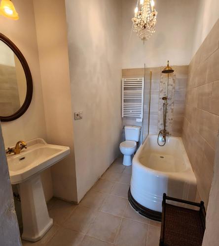 a bathroom with a tub and a toilet and a sink at Château de Trévien in Trévien
