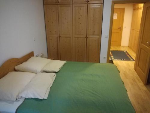 um quarto com uma cama com um cobertor verde em Holiday Apartment Bolfenk em Hocko Pohorje