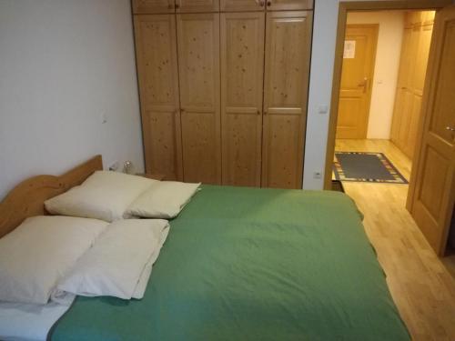 a bedroom with a bed with a green blanket at Holiday Apartment Bolfenk in Hočko Pohorje