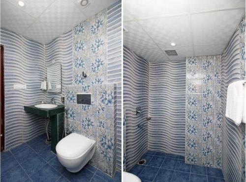 two pictures of a bathroom with a toilet and a sink at Red carpet hotel in Kangra