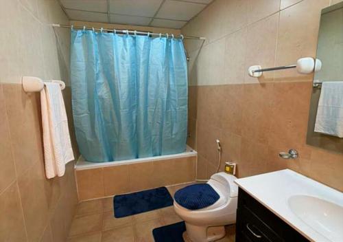 a bathroom with a toilet and a blue shower curtain at Luxury Oasis-May Real Estate Apartments in Addis Ababa