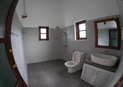 a bathroom with a toilet and a sink and a mirror at Shade Villa in Galle
