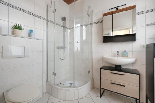 a bathroom with a sink and a shower and a toilet at Studio Apartment nahe Lüneburg in Bienenbüttel