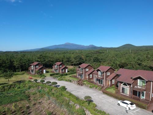 an aerial view of a house with a car parked in a driveway at Sumang Pension in Seogwipo