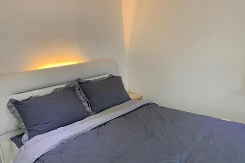 a bed with two blue pillows in a room at Pyeongchang underhill pension in Pyeongchang