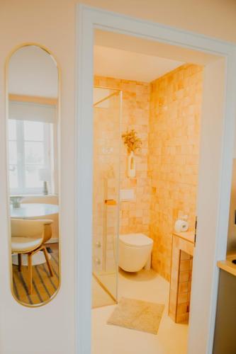 a bathroom with a toilet and a sink and a mirror at sleepArt cozy in Celle