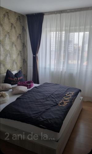 a bed in a room with a window at Apartament 3 camere central decomandat lux in Oradea